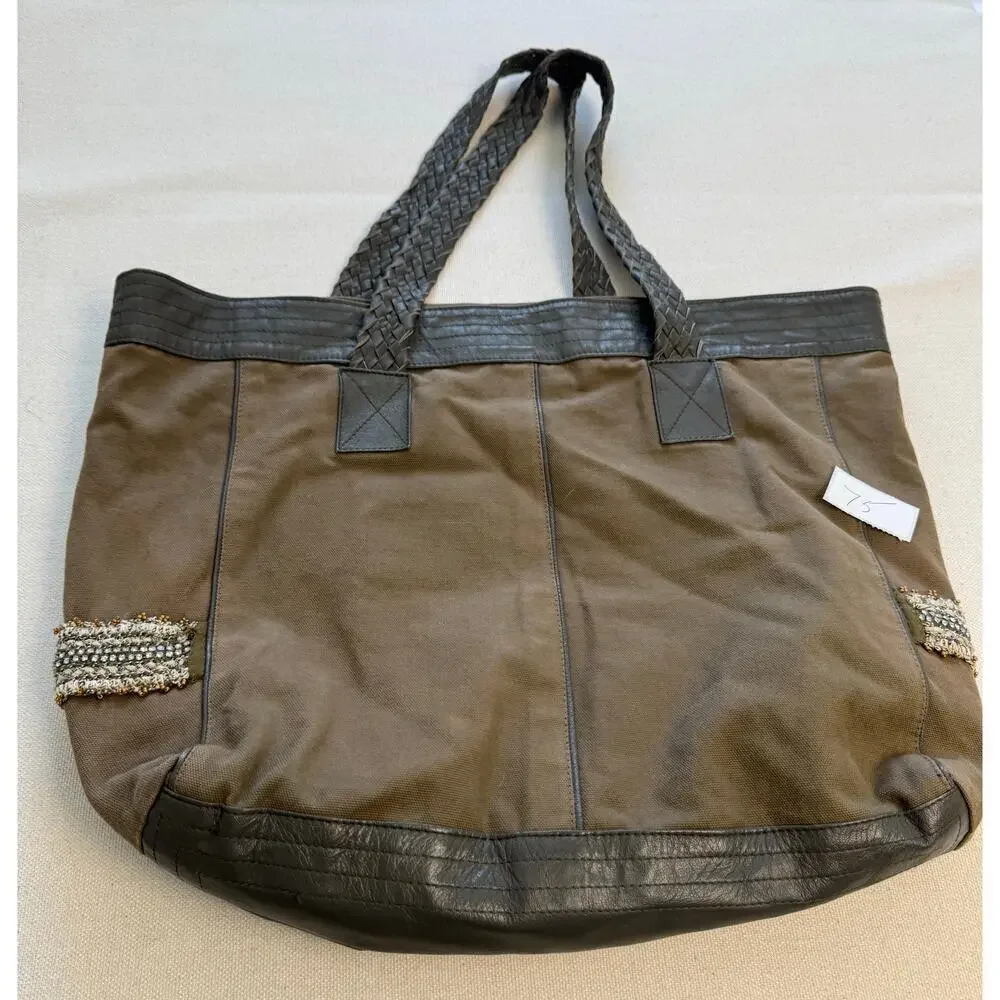 EUC Ambre Babzoe Canvas Lamb Leather Tote Bag Braided Leather Straps Brown Gray